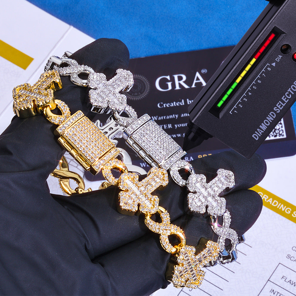 Custom Jewelry & 15mm Sterling Silver Iced Moissanite Infinity Cross Bracelet