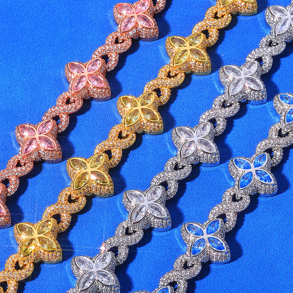 Hip Hop Jewelry 5A Iced CZ Out Four Leaf Clover Chain Bracelet Rose Gold Plated