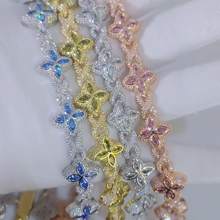 Hip Hop Jewelry 5A Iced CZ Out Four Leaf Clover Chain Bracelet Rose Gold Plated